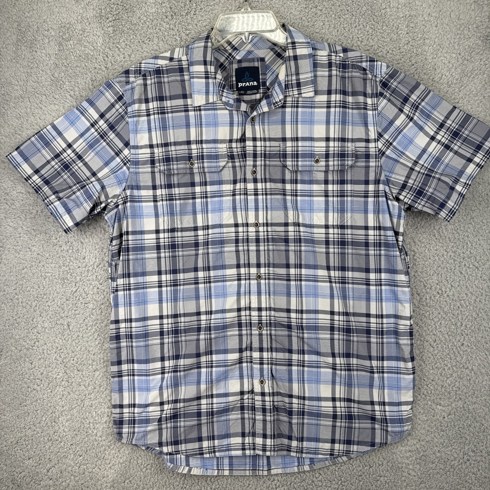 prAna Mens Large Short Sleeve Button Up Shirt Blue Plaid Organic Cotton Pocket